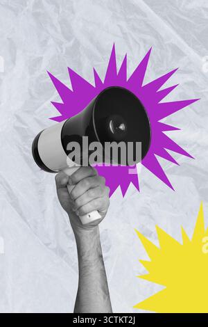 Esquisse de modèle illustration de tendance collage photo 3D de main anonyme mégaphone proclame annoncer l'affiche d'attention de haut-parleur de propagande Banque D'Images