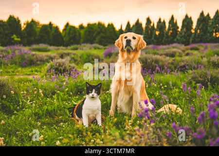 Golden Retriever et chat dans le champ avec des fleurs de lavande. Banque D'Images