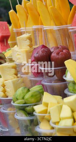 Ensemble de limonades d'été dans des gobelets en plastique à emporter, limonade colorée dans une tasse transparente, limonade à emporter tasse avec différents cocktails de fruits. Coupes de fruits tropicaux Banque D'Images