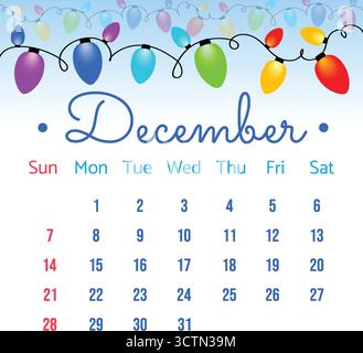 Calendrier de décembre 2025. Décembre 2025 illustration vectorielle de calendrier avec des lumières de Noël colorées. Modèle de vecteur de calendrier, conception minimale simple. Étal Illustration de Vecteur