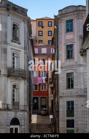 Vue verticale sur la rue d'une ruelle étroite à Porto Portugal mettant en valeur les bâtiments multicouches colorés et l'architecture traditionnelle menant vers le bas de la pierre Banque D'Images