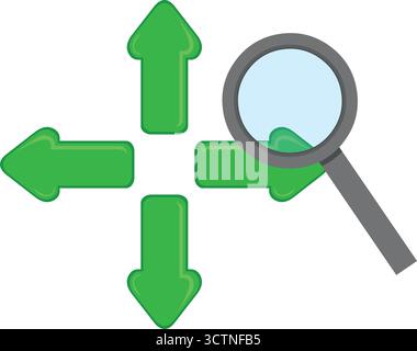illustration vectorielle quatre flèches et une loupe dans de recherche de direction ou signification icône de concept Illustration de Vecteur