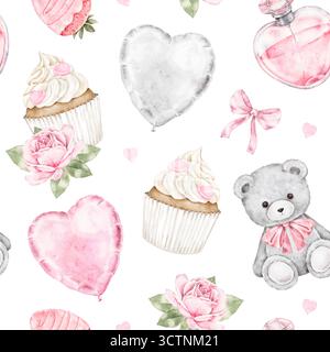 Motif aquarelle mignon sans couture avec cupcakes, coeurs, roses, arcs et ours en peluche. Joli design romantique adapté à l'emballage Saint Valentin, Banque D'Images