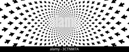 Arrière-plan d'illusion optique de flèche. Surface de flèches rotatives hypnotiques noires et blanches. Motif poster en spirale tournant. Fond d'écran abstrait illusion pour bannière, modèle de conception. Concept de champ de force vectorielle Illustration de Vecteur
