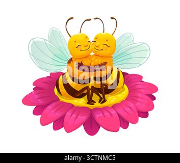 Dessins animés joyeux personnages d'abeille de miel couple serrant les uns les autres tout en étant assis sur une fleur rose vif. Les insectes vecteurs mignons associent des personnages amoureux dégagent une ambiance printanière romantique. Rucher ou symbole d'amour Illustration de Vecteur