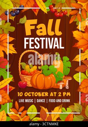 Affiche de fête de festival d'automne avec des feuilles de saison d'automne, des citrouilles mûres et des pommes, invitation vectorielle. Affiche de fête d'automne ou de concert de pique-nique avec panier de récolte de citrouilles, champignons et fruits Illustration de Vecteur