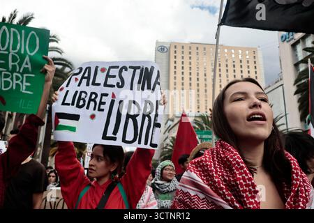 Mexique, CDMX, Mexique. 7 octobre 2025. Les manifestants et les groupes pro-palestiniens défilent de la Chambre Juarez à l'ambassade américaine à Mexico, continuant d'exercer des pressions en exigeant un cessez-le-feu dans la bande de Gaza et en demandant au gouvernement mexicain de rompre ses relations avec l'État d'Israël. Aujourd’hui marque deux ans depuis le génocide causé par les attaques continues contre l’État palestinien, qui a été reconnu par plusieurs pays aux Nations Unies (ONU). Malgré cela, le gouvernement de Benjamin Netanyahu continue avec l’intention d’occuper le pays, ignorant le pré international Banque D'Images