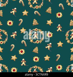 Motif de cuisson de Noël avec des maisons en pain d'épices, arbre, biscuits, canne de bonbons.papier peint d'hiver confortable. Illustration aquarelle pour papier d'emballage, wallpap Banque D'Images