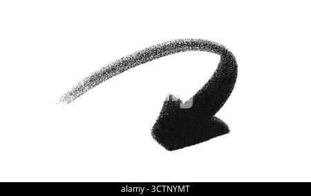 Flèche graffiti dans un style artistique pointillé avec courbe arrondie pointant vers le bas. Vaporiser la texture et l'ombrage du grain en noir et blanc. Flèche vectorielle abstraite pour Illustration de Vecteur