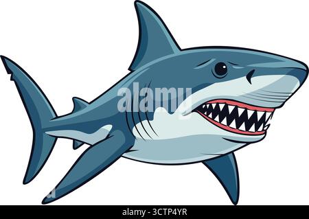 Une grande illustration de requin blanc nageant, avec des dents tranchantes, une bouche large ouverte, et un corps musclé. Illustration de Vecteur