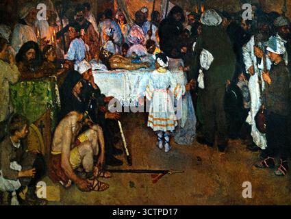 Le Christ mort - le baiser après la procession, 1912, Paride Pascucci (Italie). Les fidèles embrassent une statue du cadavre du Christ, qui est exposée devant l'autel, soit suspendue à un crucifix, soit posée sur une bière funéraire. Beaucoup trouvent que cela rappelle la façon dont ils visiteraient et pleureraient un parent décédé.) Banque D'Images