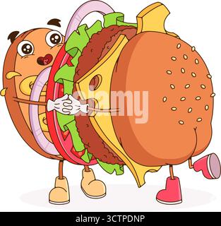 Mascotte de burger de dessin animé groovy avec des couches de pain aux graines de sésame, laitue, tomate, fromage et galettes. Illustration de Vecteur