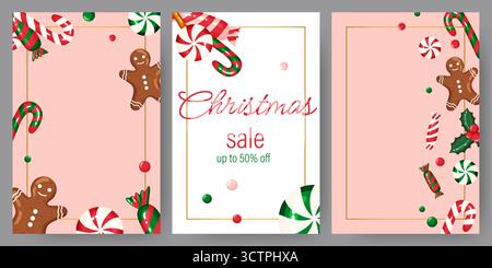 Un ensemble de trois modèles de bannière verticale élégants pour les promotions de soldes de Noël avec des hommes en pain d'épices, des cannes de bonbons, des menthes poivrées et des bonbons avec Go Illustration de Vecteur