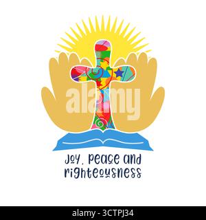 Concept de logo chrétien. Croix créative avec livre ouvert et mains ouvertes, motif coloré avec masque de découpage isolé. Symbole du ministère de l'église. Charitable Illustration de Vecteur