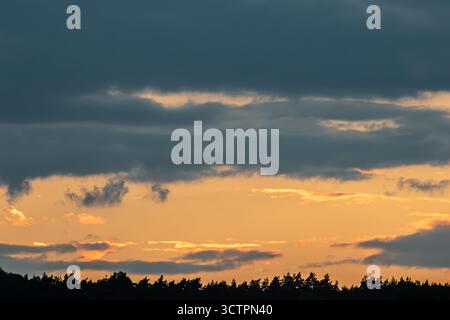 Un coucher de soleil éclatant présente des teintes orange et jaune jetant un œil à travers des nuages sombres au-dessus d'une forêt tranquille. La scène capture la beauté de la nature à d. Banque D'Images