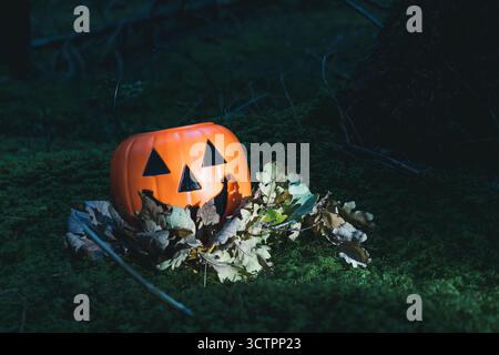 Panier à citrouille d'Halloween en plastique avec visage sculpté entouré de feuillage d'automne séché sur le sol boisé couvert de mousse pour la décoration extérieure saisonnière Banque D'Images