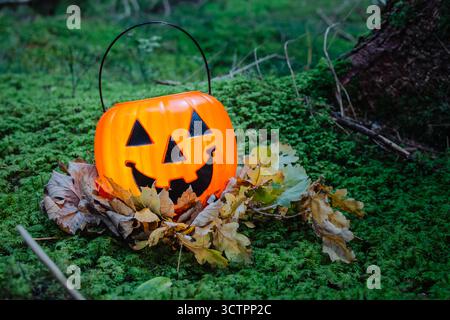 Panier à citrouille d'Halloween en plastique avec visage sculpté entouré de feuillage d'automne séché sur le sol boisé couvert de mousse pour la décoration extérieure saisonnière Banque D'Images