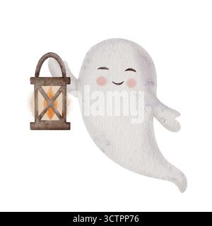 Jolie aquarelle fantôme Halloween tenant la lanterne. Fantôme effrayant peint à la main isolé sur blanc. Parfait pour la carte d'Halloween, l'affiche ou la conception de vacances. Banque D'Images