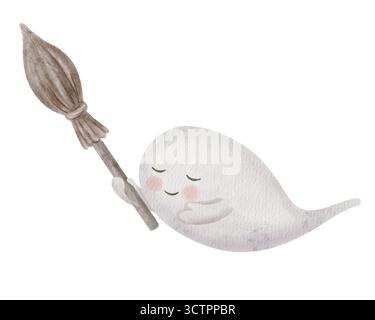 Aquarelle Halloween fantôme volant avec balai. Fantôme blanc mignon peint à la main isolé sur blanc. Idéal pour la conception d'Halloween, la carte ou l'affiche Banque D'Images