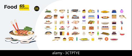 Cuisine culturelle et produits de boulangerie dessins animés plat méga paquet Illustration de Vecteur