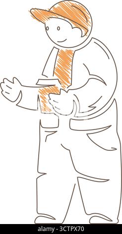 Illustration minimaliste d'art au trait d'un homme souriant portant un chapeau et tenant une tasse de café. Lignes fines avec des accents orange créant une ambiance douillette Illustration de Vecteur