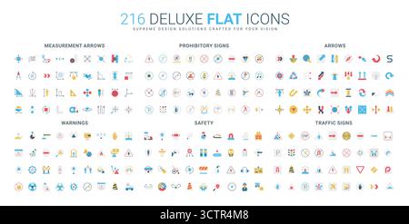 Ensemble complet d'icônes de style plat avec des flèches de mesure, des panneaux d'interdiction, des flèches directionnelles, des avertissements, de la sécurité, et panneaux de signalisation pour la communication visuelle illustration vectorielle isolée Illustration de Vecteur