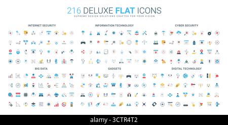 Collection complète d'icônes plates couvrant la sécurité Internet, les technologies de l'information, la cybersécurité, le Big Data, les gadgets, et les concepts de technologie numérique isolé illustration vectorielle Illustration de Vecteur