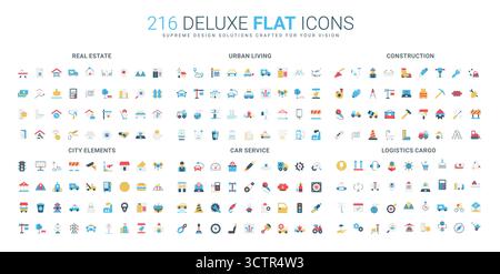 Ensemble complet d'icônes plates couvrant l'immobilier, la vie urbaine, la construction, les éléments de la ville, le service de voiture, et logistique thèmes de cargaison illustration vectorielle isolée Illustration de Vecteur