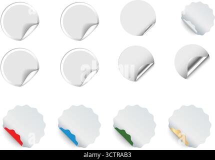Autocollants papier cercle et carré avec bords arrondis, étiquettes blanches réalistes avec coin pelable et ombre, maquette en plastique arrondie isolée Illustration de Vecteur