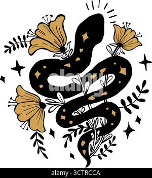 Serpent mystique avec des plantes de fleurs. Dessin à la main texturé Doodle. Croquis Kundalini pour le design, symbolisant la magie et la transformation. Vector illustrati Illustration de Vecteur