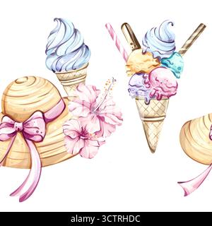 Fond d'écran de fond de motif sans couture Bliss d'été avec des chapeaux de paille tropicaux et des cônes de crème glacée colorés, parfait pour les vibes de vacances et festives Illustration de Vecteur