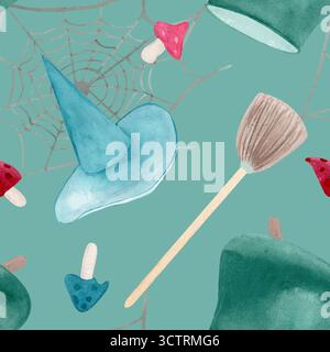 Chaudrons, chapeaux, potions, balai et toile d'araignée à motif aquarelle sans couture. Composition dessinée à la main sur fond bleu. Décor d'Halloween, enveloppement Banque D'Images