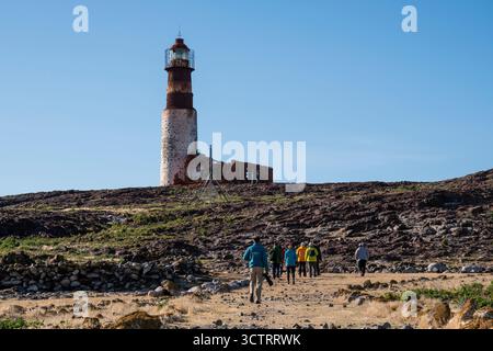 Phare de Penguin Island, Puerto Deseado, Province de Santa Cruz, Patagonie Argentine. Banque D'Images