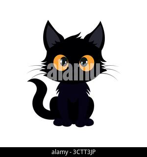 Chat noir de dessin animé mignon avec de grands yeux orange. Illustration de Vecteur