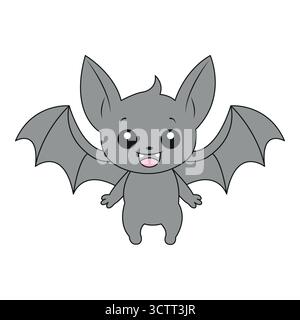 Mignon personnage de chauve-souris gris de dessin animé souriant. Illustration de Vecteur