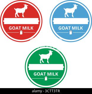 Étiquettes de lait de chèvre rouge, bleu et vert isolées sur fond blanc Illustration de Vecteur