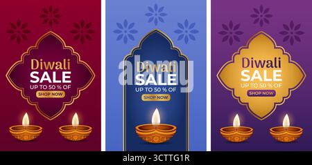 Ensemble de bannières de vente de vecteur vertical Diwali avec des lampes à huile traditionnelles, des ornements et des arrière-plans vibrants. Illustration de Vecteur