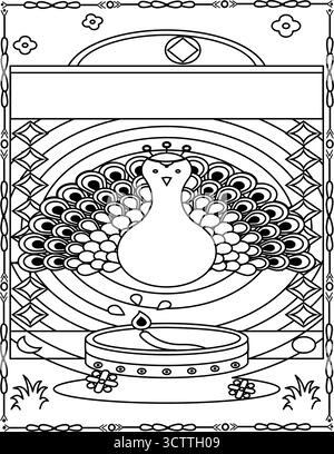 Paon de dessin animé avec des plumes détaillées et une pose élégante dans l'art esquissé, parfait pour les livres de coloriage d'oiseaux exotiques des enfants et les feuilles de travail de l'école Illustration de Vecteur