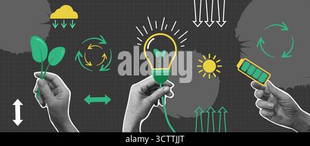 Ensemble d'éco zéro déchet, demi-ton appliques mains tiennent la batterie porteuse d'énergie, lampe et sauver la nature. Concept d'utilisation écologique des ressources énergétiques Illustration de Vecteur