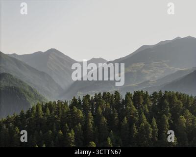 Vue aérienne de chaînes de montagnes spectaculaires superposées de bleus et de verts brumeux, s'élevant au-dessus d'une dense canopée forestière dans la région de Tusheti, Haut Omalo, Kakheti, géorgie. Banque D'Images