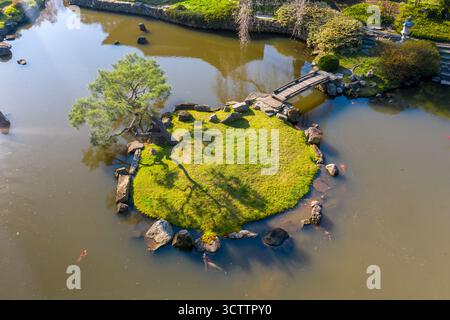 Vue aérienne d'une petite île avec une pelouse verte vibrante et un seul arbre, relié par un pont miniature, entouré par des eaux calmes, Shofuso Japanes Banque D'Images