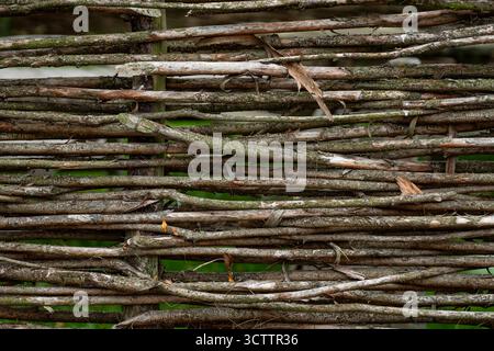 Ancienne clôture faite de branches, clôture en bois, clôture dans le village, style rétro vintage, décor de jardin tourné avec un appareil photo Sony a6700 avec un objectif macro de 100mm Banque D'Images