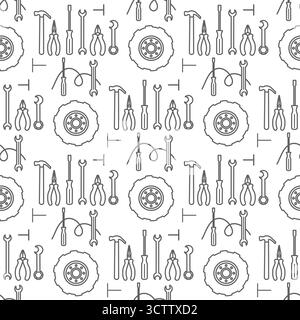 Modèle monochrome d'outils à main et de pneus créant un vecteur de fond de réparation automobile sans couture Illustration de Vecteur