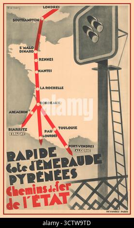 Affiche ferroviaire française des années 1930 intitulée 'rapide Côte d'Émeraude-Pyrénées' par Roger de Valerio, créée en 1930. L'affiche fait la publicité d'une ligne de train exploitée par la compagnie de chemin de fer de l'État française, 'chemins de fer de l'État'. L'affiche présente une carte de la ligne ferroviaire reliant Londres et Southampton à plusieurs villes de France, dont Paris, Bordeaux et Toulouse. L'itinéraire s'étend de la 'Côte d'Émeraude' (Côte d'Émeraude) à la chaîne de montagnes 'Pyrénées' (Pyrénées). La conception comprend un signal ferroviaire proéminent sur le côté droit de l'affiche. Banque D'Images