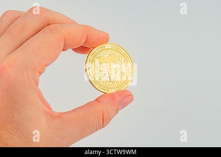 Image en gros plan d'une personne tenant une pièce de monnaie Tether physique, symbolisant une crypto-monnaie ou un objet à collectionner lié à la finance numérique Tether COI Banque D'Images