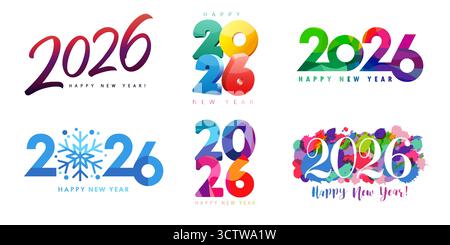 2026 art design logo coloré grand ensemble de bonne année. Concepts de vacances pour 2026 affiches de fête du nouvel an ou cartes de voeux avec des numéros créatifs Illustration de Vecteur