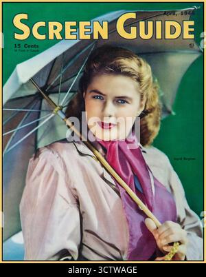 INGRID BERGMAN sur la couverture de Screen Guide, un film cinéma film information Entertainment magazine 1946. Ingrid Bergman (29 août 1915 – 29 août 1982) est une actrice suédoise. Avec une carrière de cinq décennies, Bergman est souvent considérée comme l'une des figures les plus influentes de l'histoire du cinéma. Elle a remporté de nombreuses distinctions, dont trois Oscars, deux Primetime Emmy Awards, un Tony Award, quatre Golden Globe Awards, un BAFTA Award et une Volpi Cup. Elle est l'une des quatre seules actrices à avoir reçu au moins trois Oscars d'actrice, seule Katharine Hepburn en a quatre. Banque D'Images