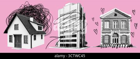 Fond d'ensemble de maison rose. Griffonner le collage de bâtiment avec des flèches de coeur pour y2k immobilier bg.. Illustration de Vecteur