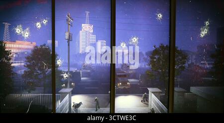 Un rendu numérique du mouvement de démocratisation de Gwangju, également connu en Corée du Sud sous le nom de mouvement de démocratisation du 18 mai. Cette série de manifestations étudiantes a eu lieu à Gwangju, en Corée du Sud, en mai 1980, contre le coup d'État de Chun Doo-hwan. L'image capture une scène de rue nocturne tendue à travers une fenêtre criblée de multiples trous de balles, montrant des véhicules militaires et des soldats patrouillant dans les rues urbaines avec des bâtiments en arrière-plan. Le soulèvement a été violemment réprimé par l'armée sud-coréenne, commençant lorsque les étudiants de l'Université nationale Chonnam manifestaient contre Banque D'Images