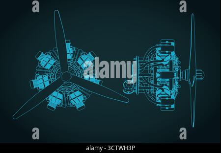 Illustration vectorielle stylisée des dessins d'un moteur radial 7 cylindres Illustration de Vecteur